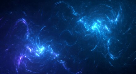 Cosmic energy currents flowing in an abstract dark blue space background with luminous turquoise and violet electric discharge waves of light
