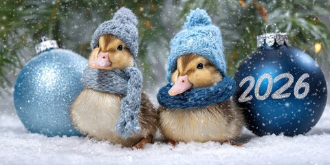 Two ducklings wearing knitted hats and scarves sitting in snow beside blue ornaments marked 2026, capturing winter celebration warmth and holiday charm. Happy new year greeting card.