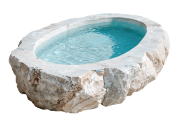 A stone-lined outdoor-style pool filled with clear blue water. The pool is cut out with a transparent background. It is suitable for decoration or design purposes
