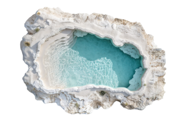 An outdoor pool shaped with stone lining, filled with clean blue water. The pool is isolated on a transparent background for easy use in various designs