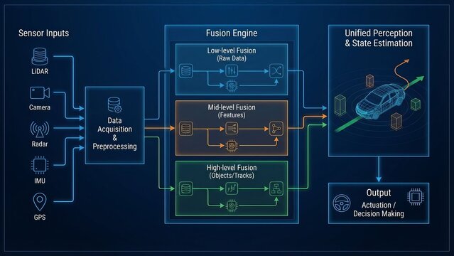 Sensor fusion system processing inputs from lidar, camera, radar, imu, and gps for unified perception, state estimation, and decision making in autonomous vehicles