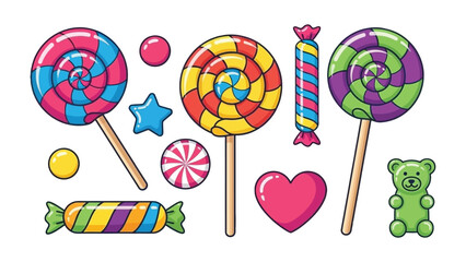 Colorful Confectionery: An array of vibrant candies and lollipops in various shapes and sizes, arranged invitingly, promising a world of sugary delight and sweet indulgence.