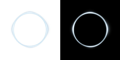 Futuristic blue neon circle frame on light background. Glowing cyberpunk portal ring with electric light effects for Sci-Fi UI, HUD display, and product presentation. 3D rendered round border.