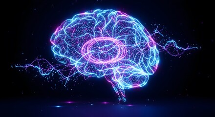Digital visualization of the human brain constructed from glowing particles and energy waves, representing artificial intelligence, neurology, and advanced science concepts