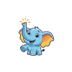 Adorable cartoon baby elephant illustration, light blue happy character with trunk raised, playful water splash effect