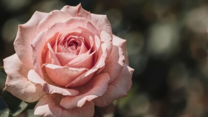 Beautiful delicate pink rose blooming in a garden on a sunny day.