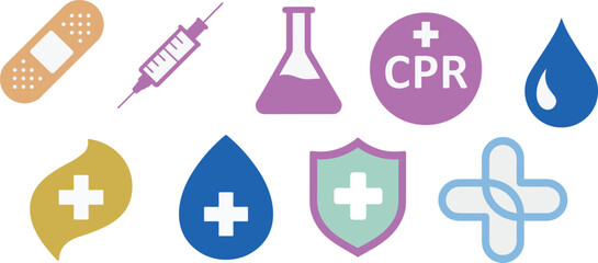 Medical symbol icon set, healthcare cross, syringe, CPR badge, bandage, dropper, shield, water droplet, holistic leaf, abstract cross, vector illustration