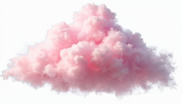 Editorial illustration shows large fluffy pink cloud floating on clear white background. Resembles sweet cotton candy, soft dreamy vapor. Light texture creates gentle, whimsical, airy mood, perfect
