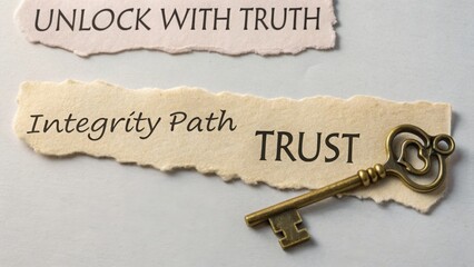 A golden key beside paper strips with the word TRUST