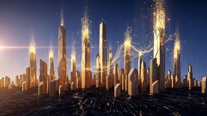 Futuristic Cityscape with Golden Light and Advanced Technology.