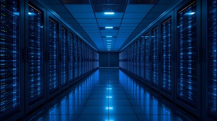 Futuristic data center server racks in blue corridor