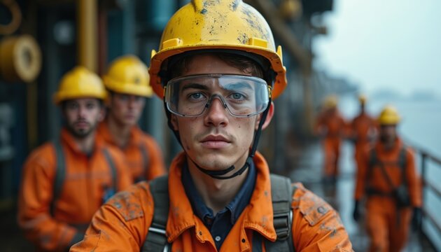 Young oil rig worker wearing safety helmet and goggles. His team stands behind him on a platform in offshore industry. They work together in harsh conditions.