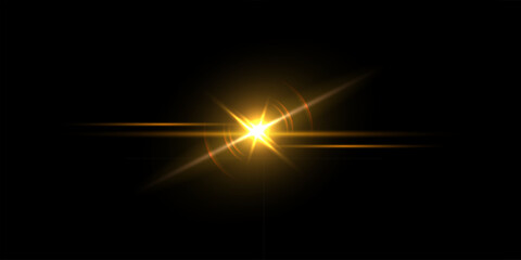 Light glare. Golden light flare on dark background shows bright glowing star effect with radiant beams and soft lens reflections. Luminous vector illustration in vibrant energetic style.