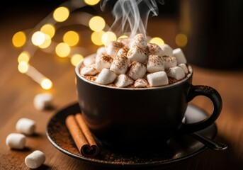 Steaming hot chocolate topped with marshmallows and cinnamon sticks cozy evening ambiance