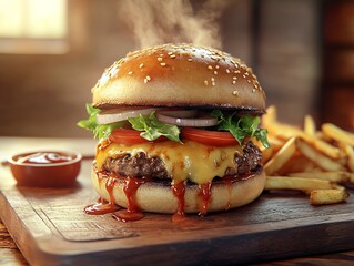Steaming cheeseburger with melted cheddar lettuce tomato onion and dripping ketchup