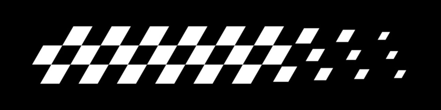 Racing flag background. Checkered flag pattern in motion with fading black squares. Dynamic speed symbol for motorsport, finish line, competition theme. Modern vector illustration.
