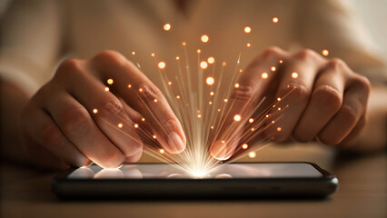 Person's hands interacting with a smartphone, generating glowing particle effects from screen