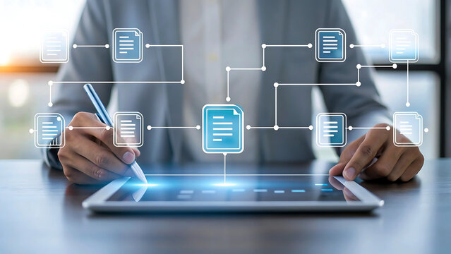 Businessman interacting with a digital tablet displaying connected document icons and flowcharts - Powered by Adobe