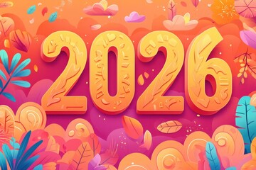 colorful cartoon 2026 surrounded by orange pink leaves and plants, abstract cloud background for playful cheerful new year festive card design