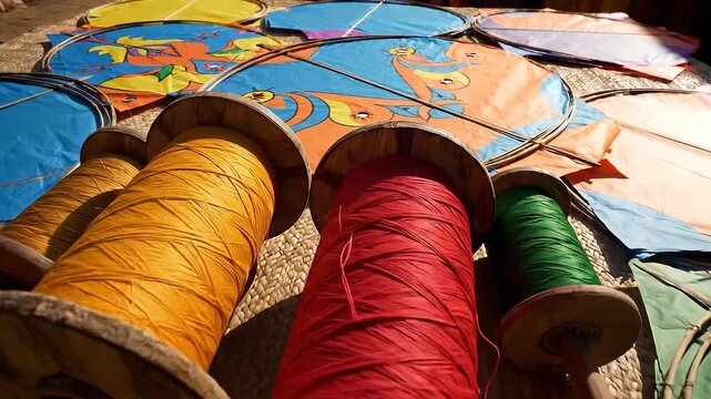 Kite Festival Supplies Colorful Kites and Thread Spools Ready for Flight