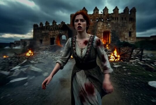 A red haired young woman in period dress runs through rubble and fire, injured and fearful, as a half ruined stone castle burns behind her at dusk with close handheld framing.
