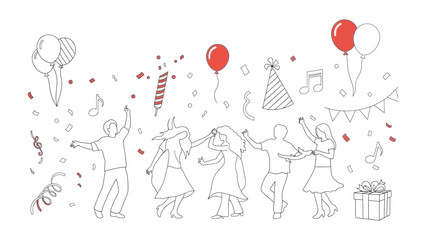 Party Sketch: Joyful illustration of a party in full swing, featuring dancing people, balloons, confetti, and celebratory elements.
