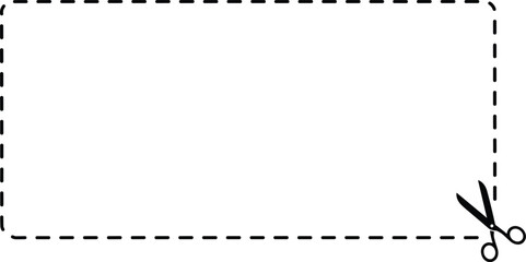 A clean, perforated vector outline for vouchers, labels, or tags, featuring a single open scissors icon on the lower right corner.