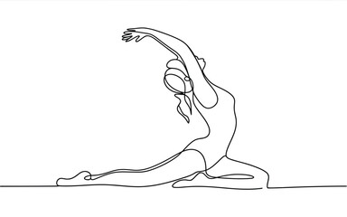 A minimalist single continuous line drawing capturing a woman performing a flexible yoga pose