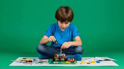 Young boy builds electronic circuit kit with screwdriver on green screen, educational science concept footage