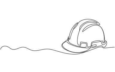 Single continuous line art drawing of a construction hard hat on a white background with ample copy space