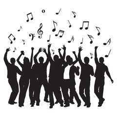crowd of people dancing with music notes,happy people dancing silhouette vector for new year party, group celebration and music night icon set, isolated black silhouettes of friends celebrating