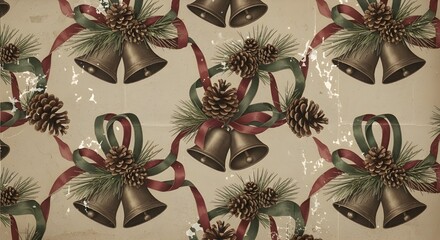 Vintage christmas seamless pattern with jingle bells, pine cones, and ribbons on aged paper texture background holiday wrapping paper design