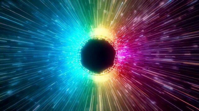 Rainbow energy rays exploding outward from a dark circular core with intense motion depth vibrant color contrast and powerful abstract visual impact