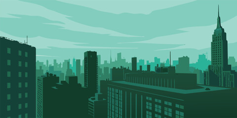 Vibrant cityscape illustration featuring iconic skyscrapers and serene teal hues for urban design inspiration and modern architectural concepts