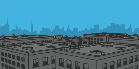 Dynamic city skyline illustration with industrial buildings and vibrant blue sky, perfect for urban development and architectural designs with modern appeal