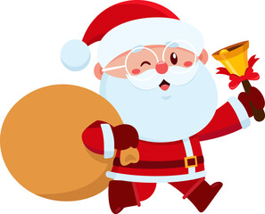 Jolly Santa Claus Cartoon Character Walking With Gift Sack And Christmas Bell - Vector Illustration Flat Design Isolated On Transparent Background
