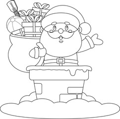 Happy Santa Claus Cartoon Character With Big Gift Bag Standing On Snowy Chimney – Black and White Vector Hand Drawn Illustration Isolated On Transparent Background