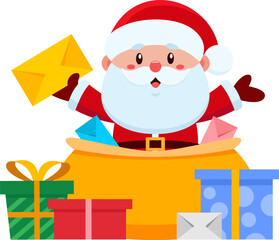 Cute Santa Claus Cartoon Character Holding Christmas Letter in Big Gift Bag - Vector Illustration Flat Design Isolated On Transparent Background