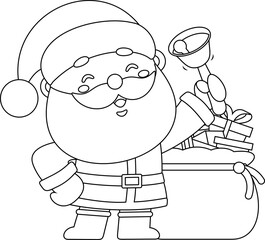 Jolly Santa Claus Cartoon Character Ringing Christmas Bell Beside Big Gift Bag – Black and White Vector Hand Drawn Illustration Isolated On Transparent Background