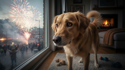Dog at window scared by gunpowder at Christmas