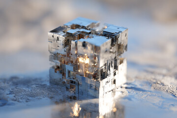 abstract metallic cube with intricate geometric patterns and glowing light