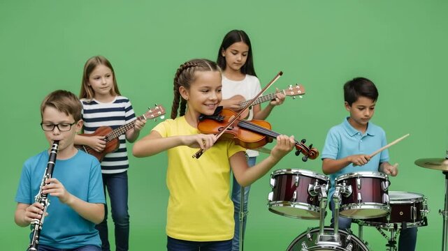 Group of kids playing musical instruments on a green background for chroma key footage