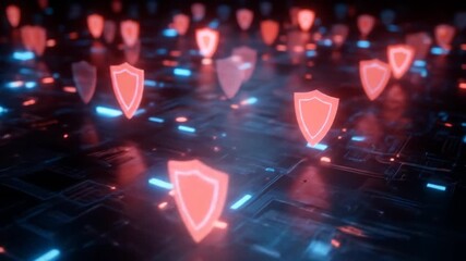 Abstract red shield symbols on digital surface representing protection
