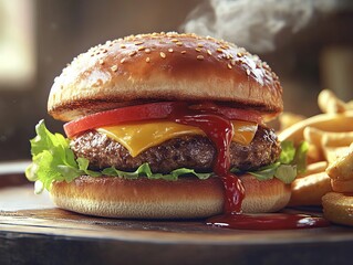 Tasty fast food burger on wooden table closeup