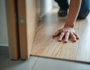 Person installing new wood look vinyl floor planks near door. DIY home improvement project requires careful placement and alignment of flooring material. One person works indoors.
