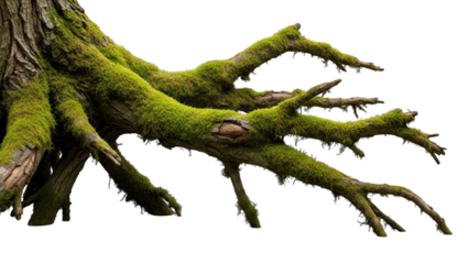 Tree Roots Covered in Moss on White Background
