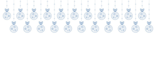 Soft winter Christmas background with hanging light blue baubles and white snowflake icons on clean white space, elegant minimalist border for festive greeting cards, invitations, banners, and seasona