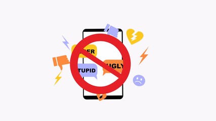Cyberbullying prevention concept with phone dislike emojis and words. Suitable for social media campaigns, presentations, and educational materials.