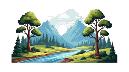 Trees and River Flowing Through Mountains Landscape