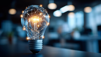 Visual representation of innovative business ideas with illuminated bulb and networking connections symbolizing creativity and technology in modern office setting, innovation visua